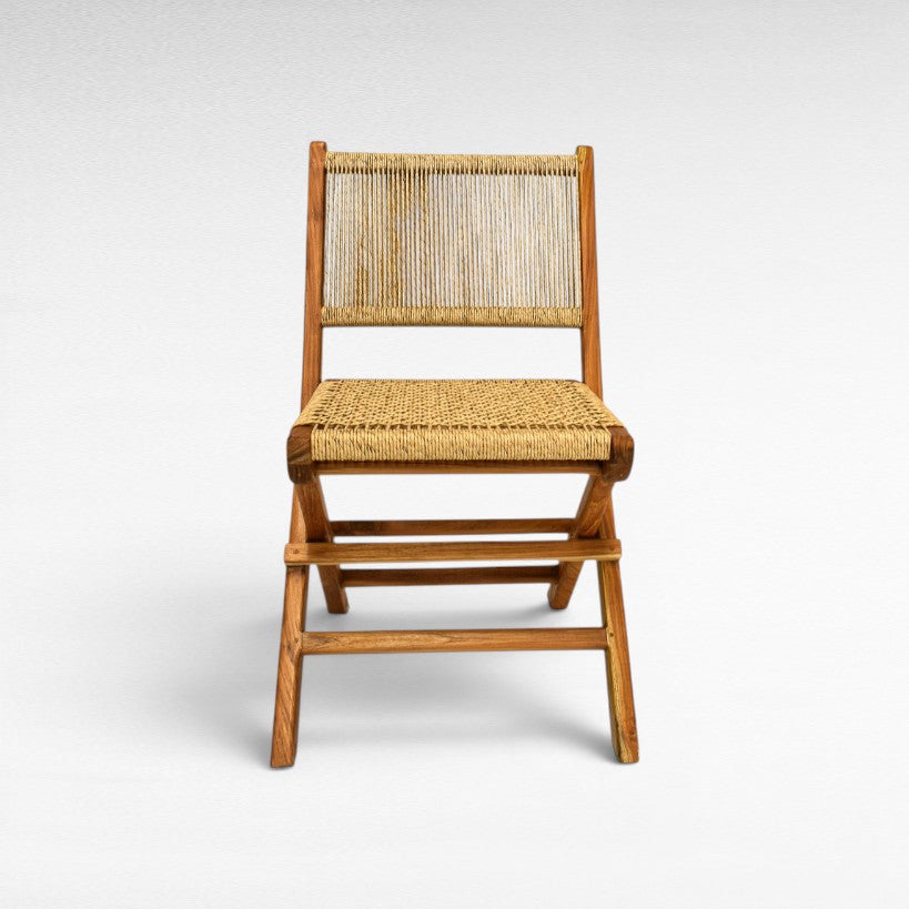 Chora Barefoot Luxury Living teak wood folding dining chair with woven rope seat and backrest