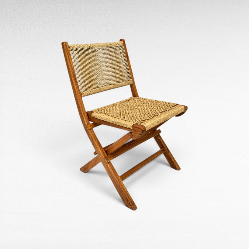 Chora Barefoot Luxury Living teak wood folding dining chair with woven natural fiber seat and back