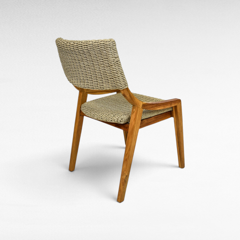 Chora Barefoot Luxury Living teak wood chair with woven synthetic rattan seat and backrest in a natural finish