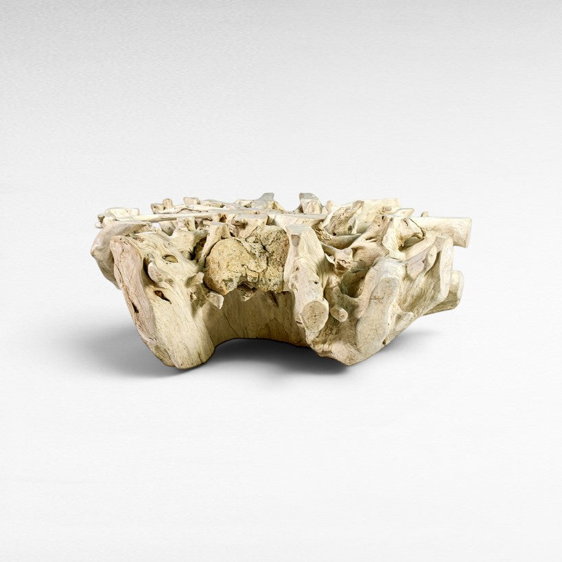 Chora Barefoot Luxury Living natural teak root coffee table with rough, organic texture and light wood finish.