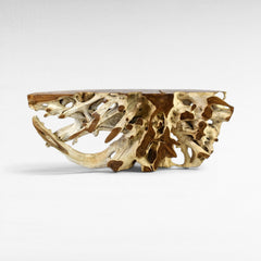 Chora Barefoot Luxury Living console table made of natural teak wood with a live edge top and intricate root base.