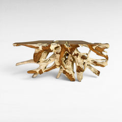 Chora Barefoot Luxury Living console table made of natural teak wood root, showcasing organic shapes and a rustic, artistic design.