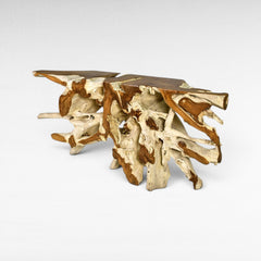 Chora Barefoot Luxury Living console table made from natural teak wood root, featuring a live edge top and intricate base.
