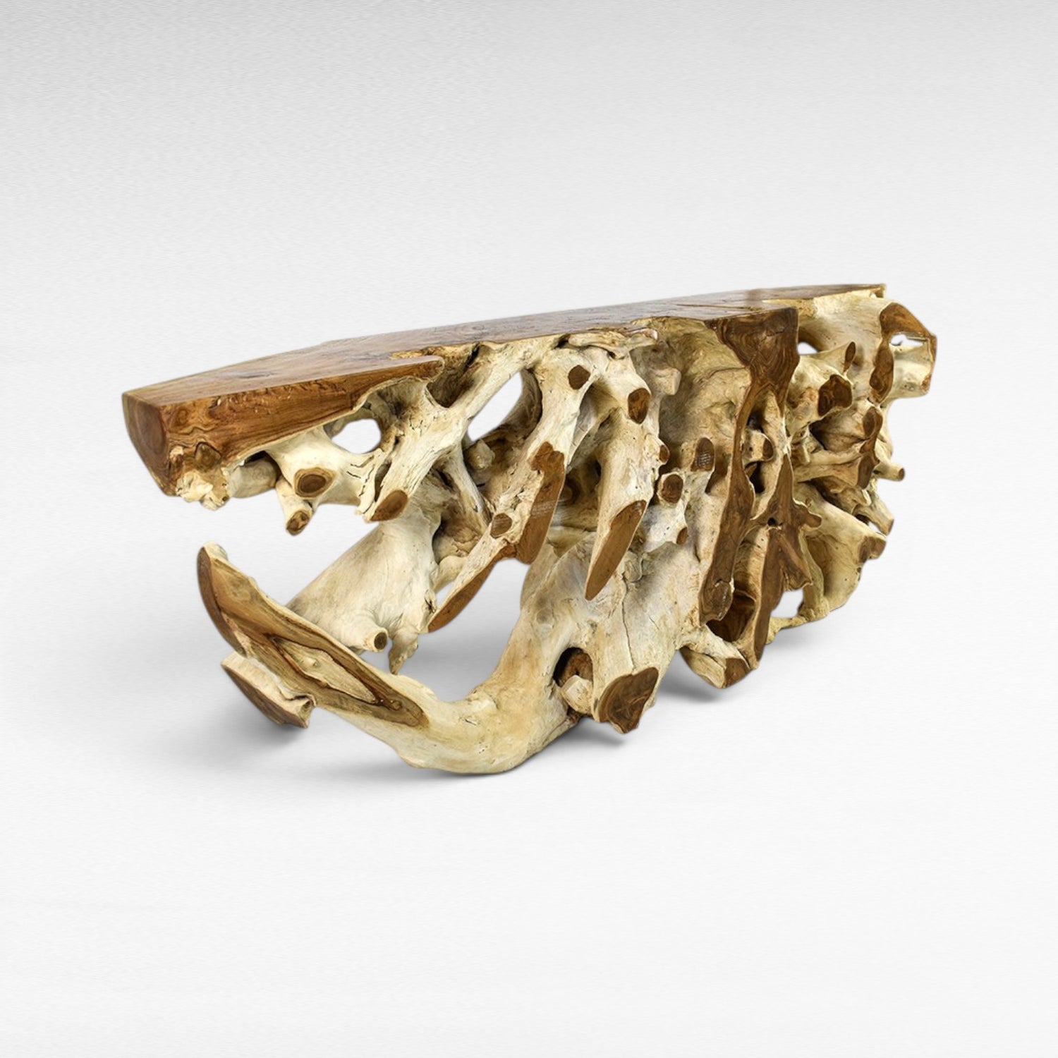 Chora Barefoot Luxury Living natural teak root console table with a live edge top. Unique organic design.