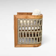 Chora Barefoot Luxury Living teak wood chair with woven rope back and sides and a cream cushion, side view