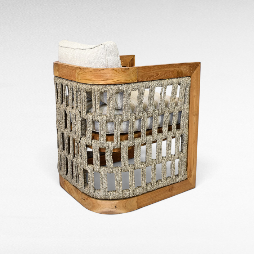 Chora Barefoot Luxury Living teak wood chair with woven rope back and cream cushion in a minimalist coastal style