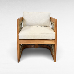 Chora Barefoot Luxury Living teak wood chair with natural rope sides and plush beige seat and back cushions.