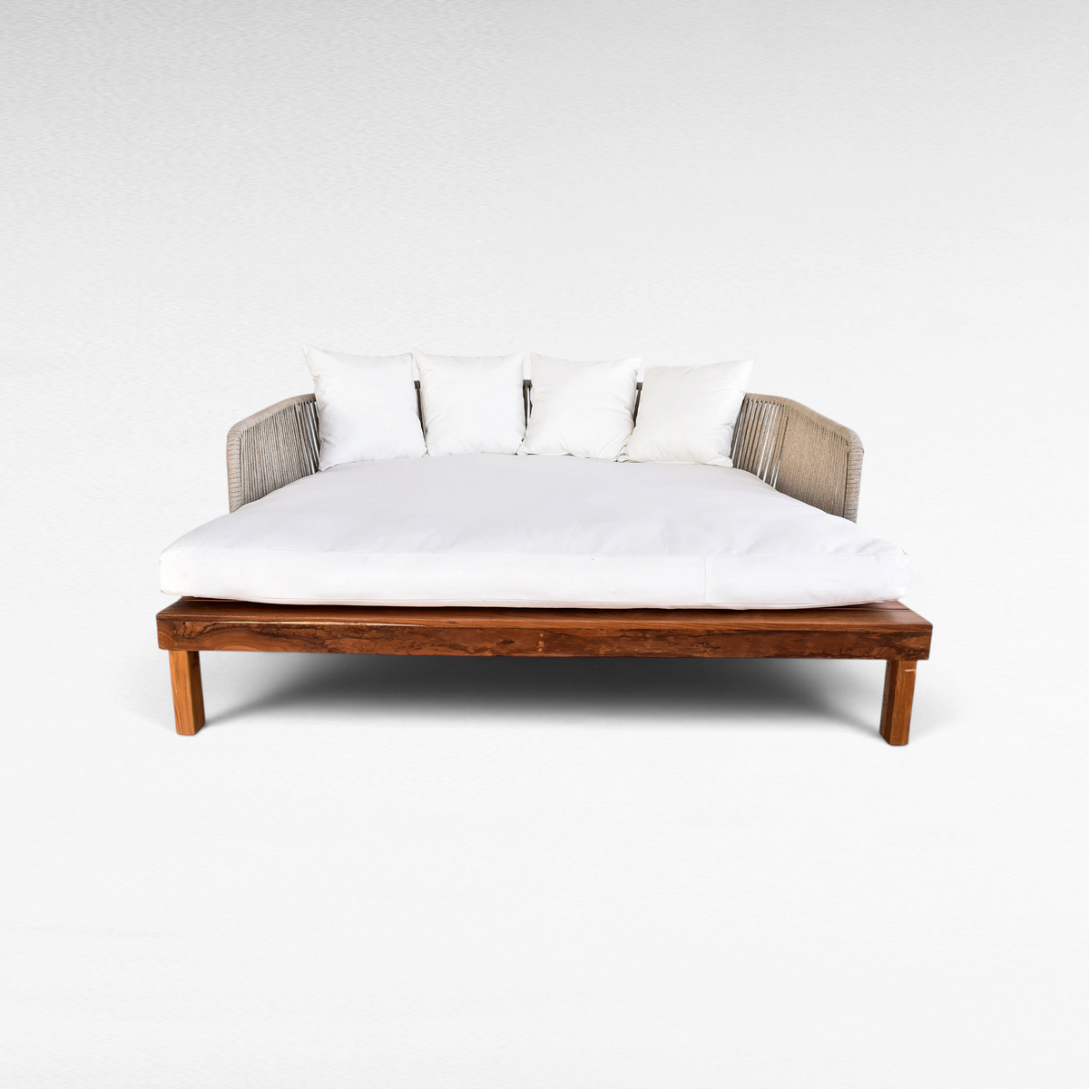 Chora Barefoot Luxury Living double size teak wood and rope outdoor lounger with white mattress and four cushions