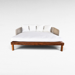 Chora Barefoot Luxury Living double size teak wood and rope outdoor lounger with white mattress and four cushions