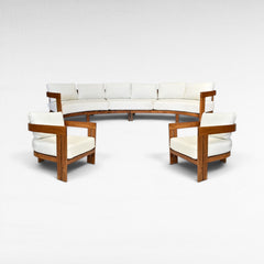 Chora Barefoot Luxury Living curved teak sofa set with white cushions and two armchairs. D100 cm.