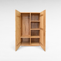 Chora Barefoot Luxury Living handcrafted teak wood wardrobe with open doors, hanging rail, and adjustable shelving.