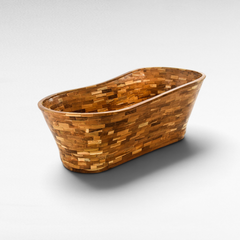 Chora Barefoot Luxury Living teak wood bathtub with a unique mosaic tile pattern in a natural brown finish
