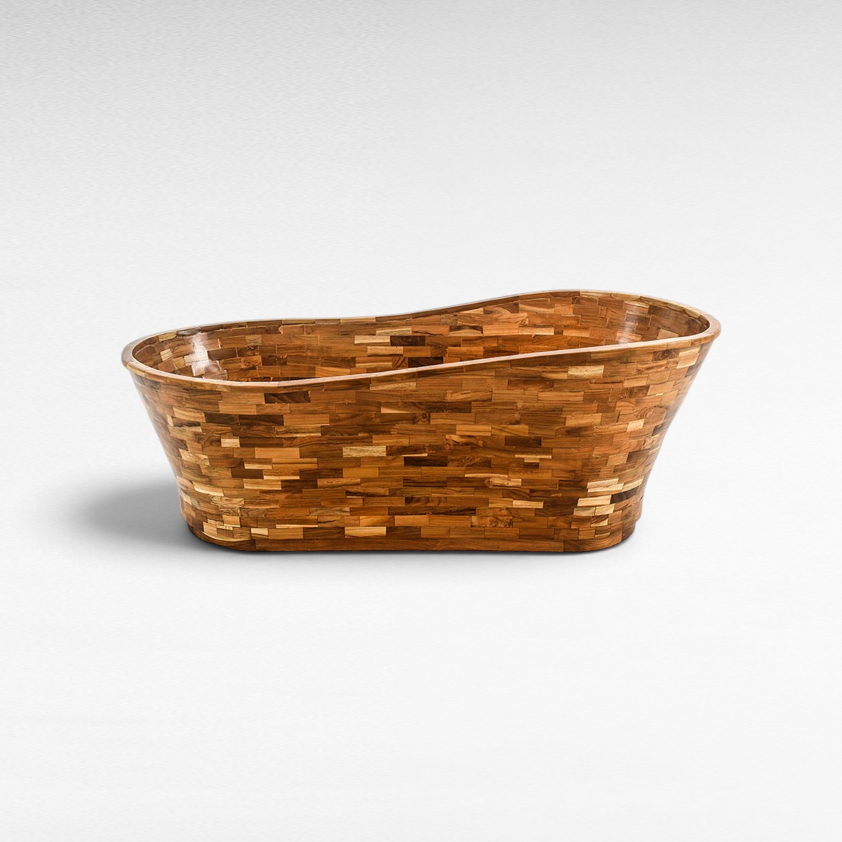 Chora Barefoot Luxury Living teak wood freestanding bathtub with a natural mosaic wood grain finish