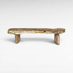 Chora Barefoot Luxury Living rustic teak wood bench with natural live edge and distressed finish. Measures 70cm W x 190cm D x 50cm H.