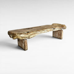 Chora Barefoot Luxury Living rustic teak wood bench with natural wood grain and distressed finish.