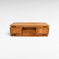 Chora Barefoot Luxury Living wooden buffet cabinet with two side doors, two central drawers, and an open shelf.
