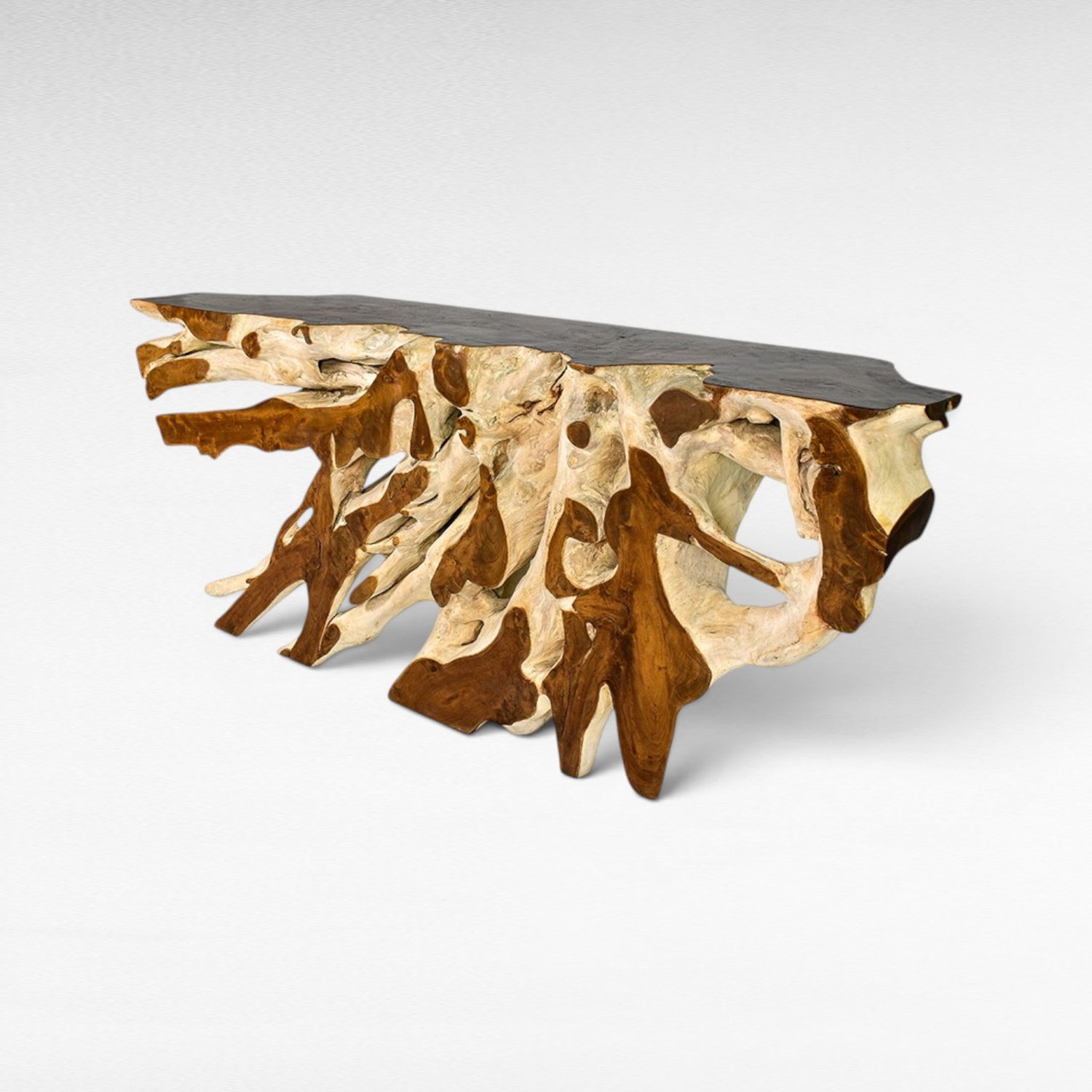 Chora Barefoot Luxury Living bleached and natural teak wood console table with unique root base