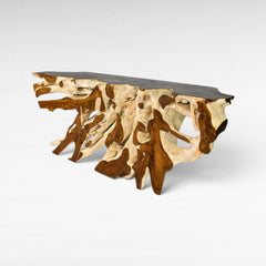 Chora Barefoot Luxury Living bleached and natural teak wood console table with unique root base