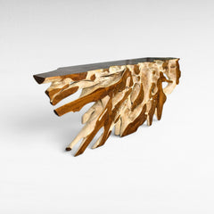 Chora Barefoot Luxury Living bleached and natural teak wood console table with organic root base.