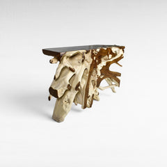 Chora Barefoot Luxury Living bleached and natural teak wood console table with organic root base.