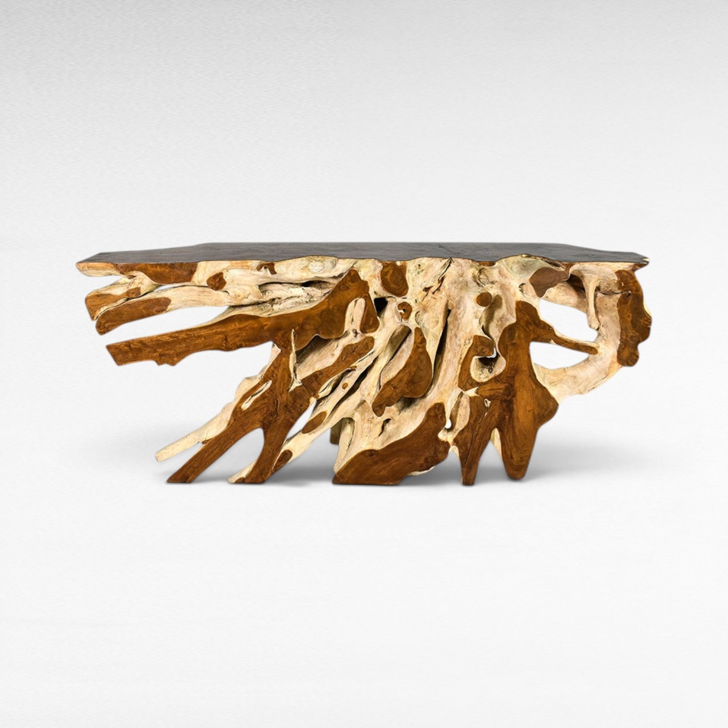 Chora Barefoot Luxury Living bleached and natural teak wood console table with unique root base.