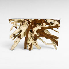 Chora Barefoot Luxury Living bleached and natural teak wood console table with organic root base.