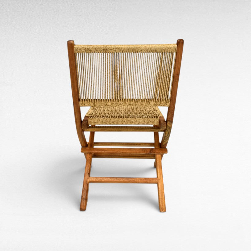 Chora Barefoot Luxury Living teak wood folding dining chair with woven natural rope seat and back