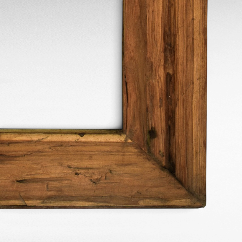 Chora Barefoot Luxury Living handcrafted teak wood mirror frame with natural grain and rich brown patina