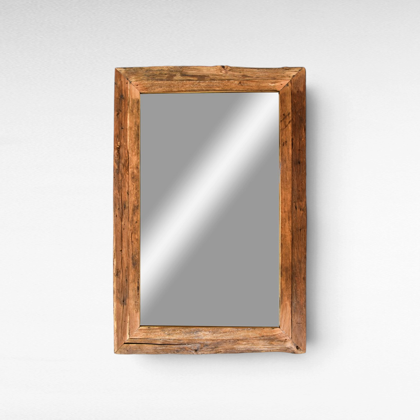 Chora Barefoot Luxury Living rectangular wall mirror with a rustic reclaimed teak wood frame and natural grain texture.