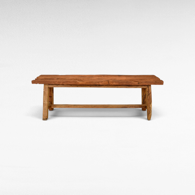 Chora Barefoot Luxury Living rustic bench handcrafted from solid teak wood with a distressed natural grain finish.