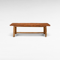 Chora Barefoot Luxury Living rustic bench handcrafted from solid teak wood with a distressed natural grain finish.