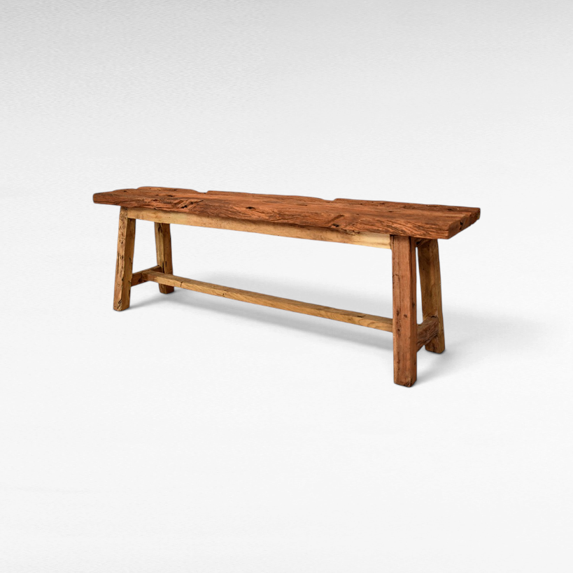 Chora Barefoot Luxury Living rustic bench handcrafted from solid teak wood with a distressed natural grain finish.