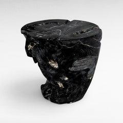 Chora Barefoot Luxury Living rustic teak wood stool with natural wood grain and unique carved details, suitable for indoor or outdoor use.