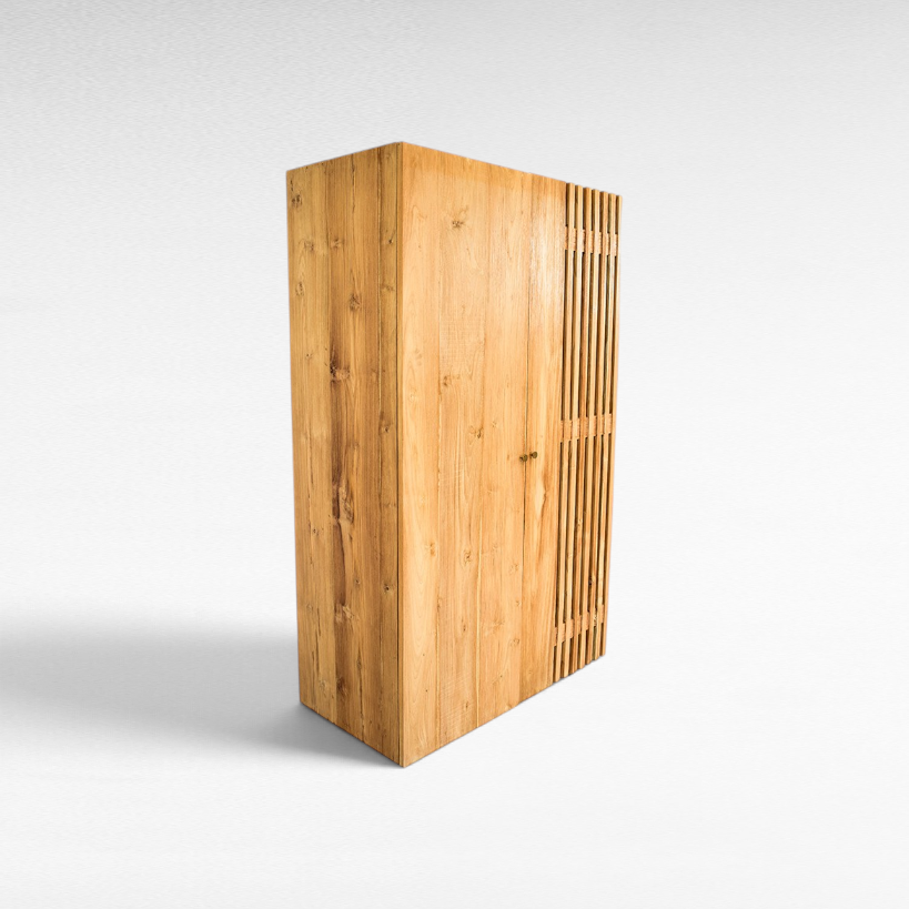 Chora Barefoot Luxury Living handcrafted teak wood wardrobe with natural grain and vertical slat detailing.