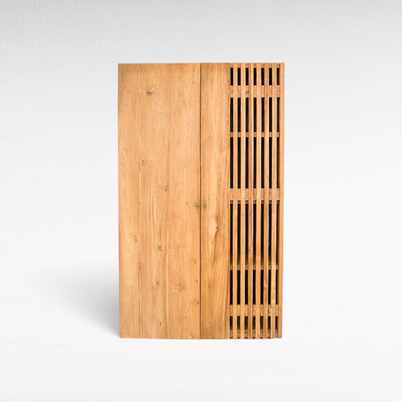 Chora Barefoot Luxury Living handcrafted teak wood wardrobe with natural grain and slatted door detail