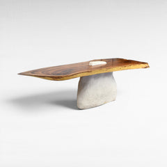 Chora Barefoot Luxury Living terrazzo and suar wood dining table with live edge and textured base.