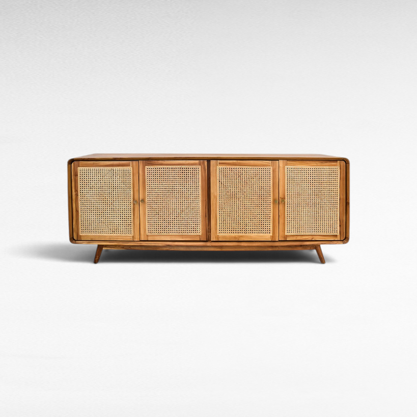 Chora Barefoot Luxury Living Viennesse rattan buffet cabinet with four doors and natural wood frame