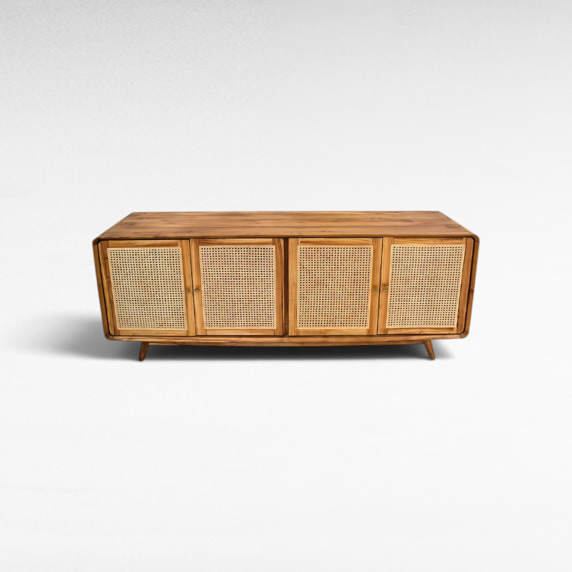 Chora Barefoot Luxury Living Viennesse rattan buffet cabinet with four doors and natural wood finish.