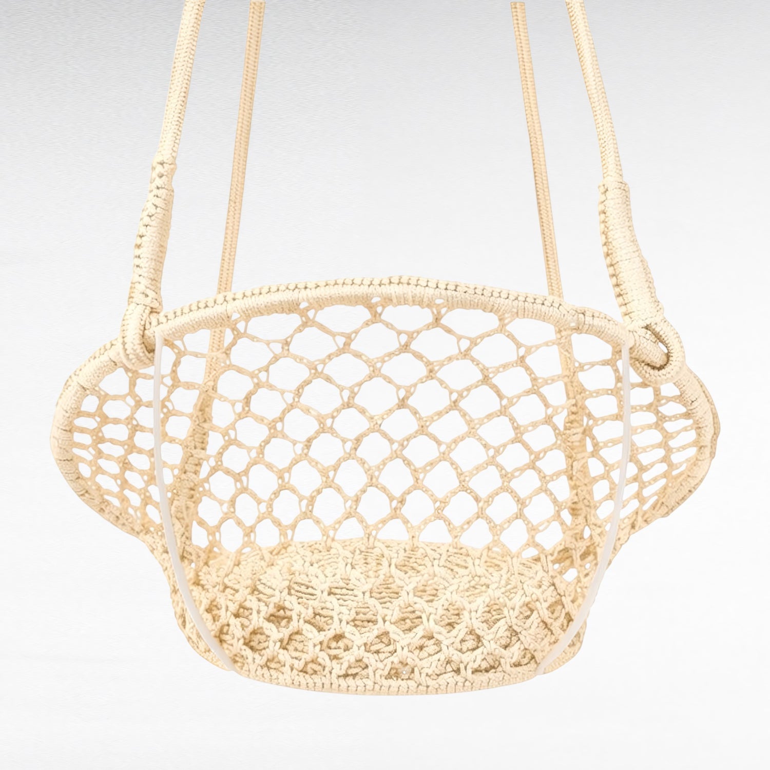 Chora Barefoot Luxury Living white macrame rope hammock swing with a circular woven seat and sturdy suspension ropes