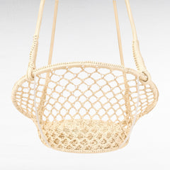 Chora Barefoot Luxury Living white macrame rope hammock swing with a circular woven seat and sturdy suspension ropes