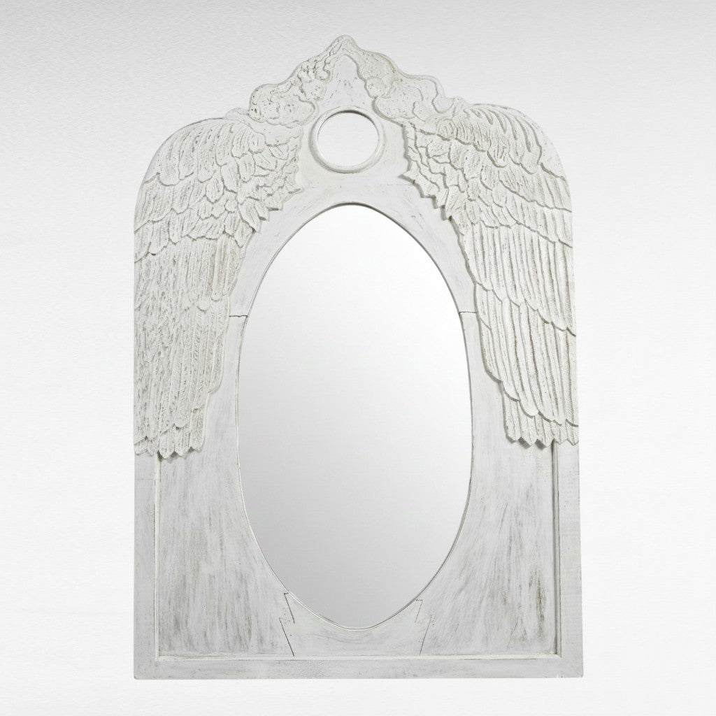 Chora Barefoot Luxury Living hand-carved whitewashed suar wood mirror with intricate angel wing design