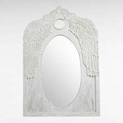 Chora Barefoot Luxury Living hand-carved whitewashed suar wood mirror with intricate angel wing design