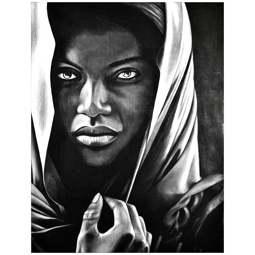 Chora Barefoot Luxury Living painting of a woman with striking green eyes and a white headscarf, 150x200cm.