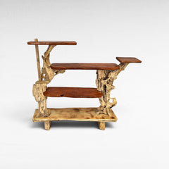 Chora Barefoot Luxury Living rustic wood tiered shelf unit with natural wood grain and organic shapes. Perfect for display.