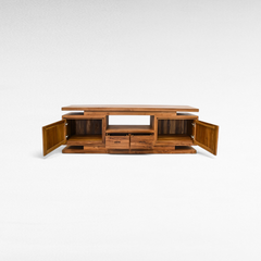Chora Barefoot Luxury Living wooden buffet cabinet with open doors and drawers, featuring a modern minimalist design.