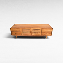 Chora Barefoot Luxury Living wooden buffet with slatted cabinet doors and four drawers in a contemporary design.