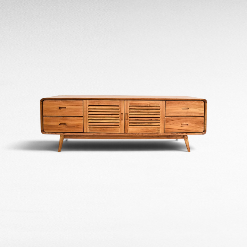 Chora Barefoot Luxury Living contemporary wooden buffet with slatted cabinet doors and four drawers