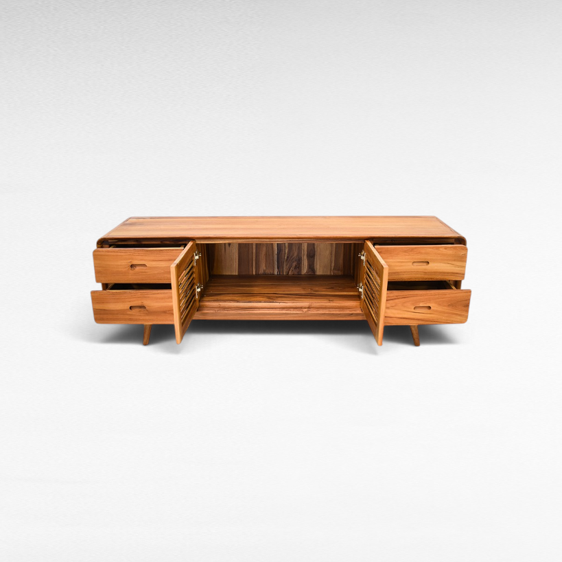 Chora Barefoot Luxury Living wooden buffet with open doors and drawers, featuring a natural grain finish.