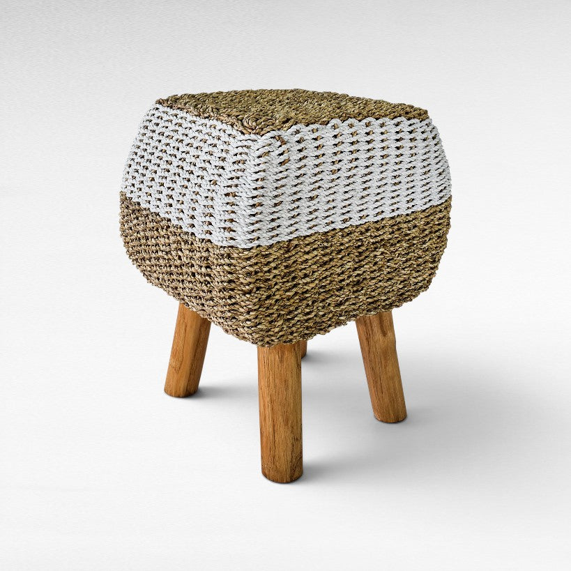 Chora Barefoot Luxury Living stool with natural woven grass and white rope top on sturdy wooden legs