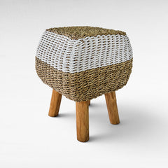 Chora Barefoot Luxury Living stool with natural woven grass and white rope top on sturdy wooden legs